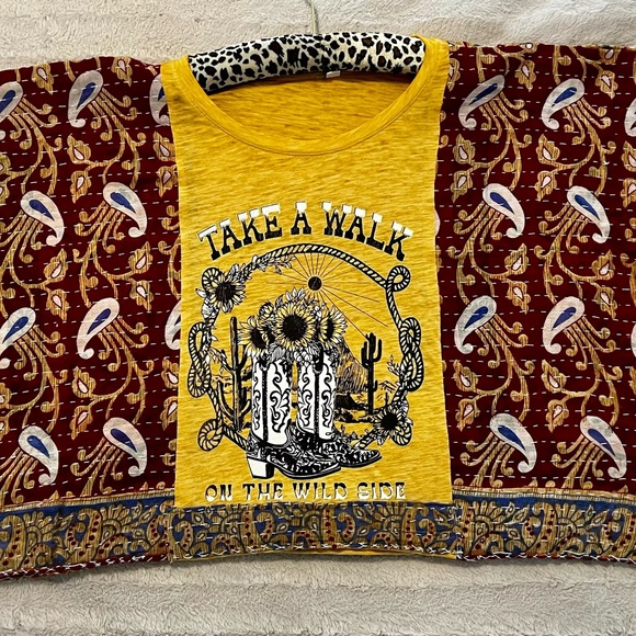 Upcycled One-Of_A-Kind Bohemian Patchwork Top with Graphic Tee - Picture 2 of 5